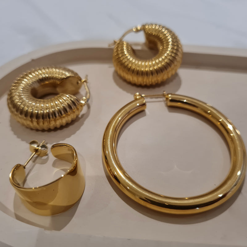thick gold half moon hoops, chunky gold hoop earrings, tarnish free earring